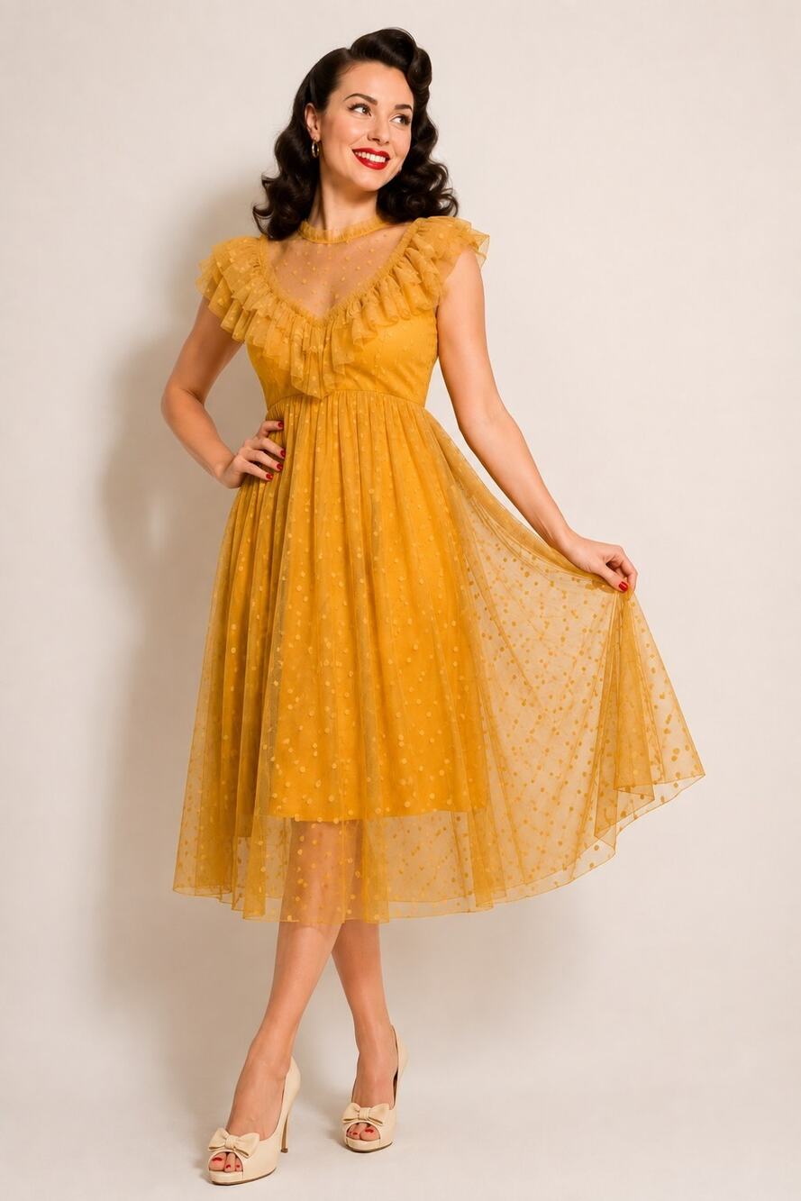 Wax Poetic 4X Mustard Yellow Tulle Midi Dress Ruffle Sheer Yoke Pinup Retro